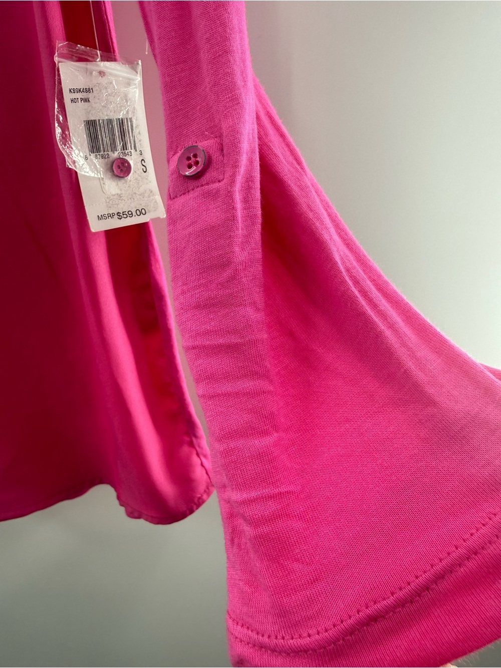 NWT Kensie Long Roll Tab Sleeve Pull Over V-Neck Blouse Lightweight Hot Pink S - Picture 8 of 11